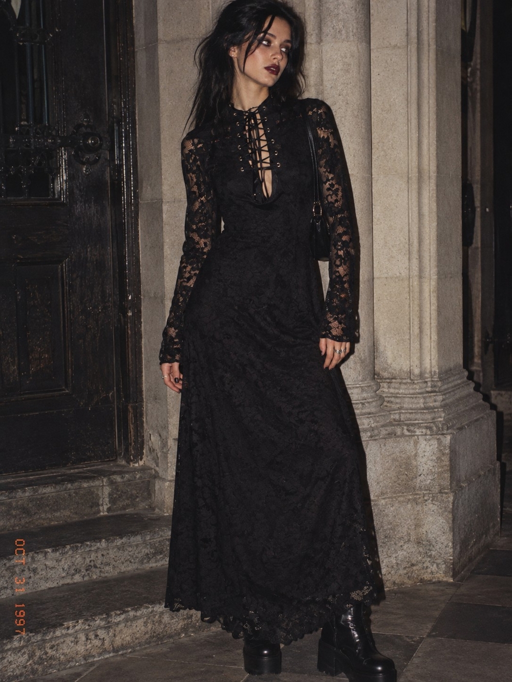 Vintage Lip Service Dress Womens 2X Black Grommet Corset Lace Maxi Gothic Witch